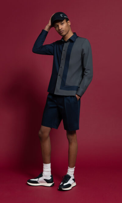Chemise homme incrustation bleu et gris bermuda bleu