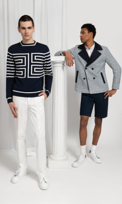 Look pull homme bleu et blanc pantalon blanc caban bleu et blanc bermuda bleu