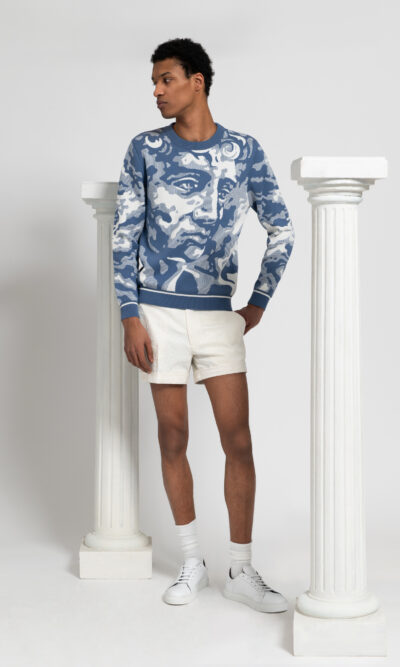 Pull homme bleu graphique visage antique