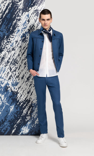 Blouson homme trucker bleu pantalon bleu chemise blanche