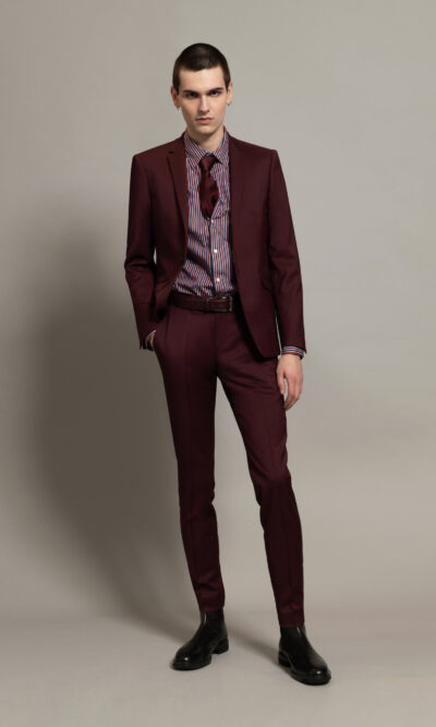 Costume homme bordeaux laine chemise coton rayures