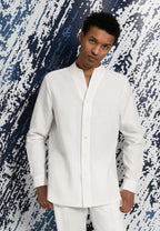 look homme chemise lin blanc col montant pantalon droit lin blanc