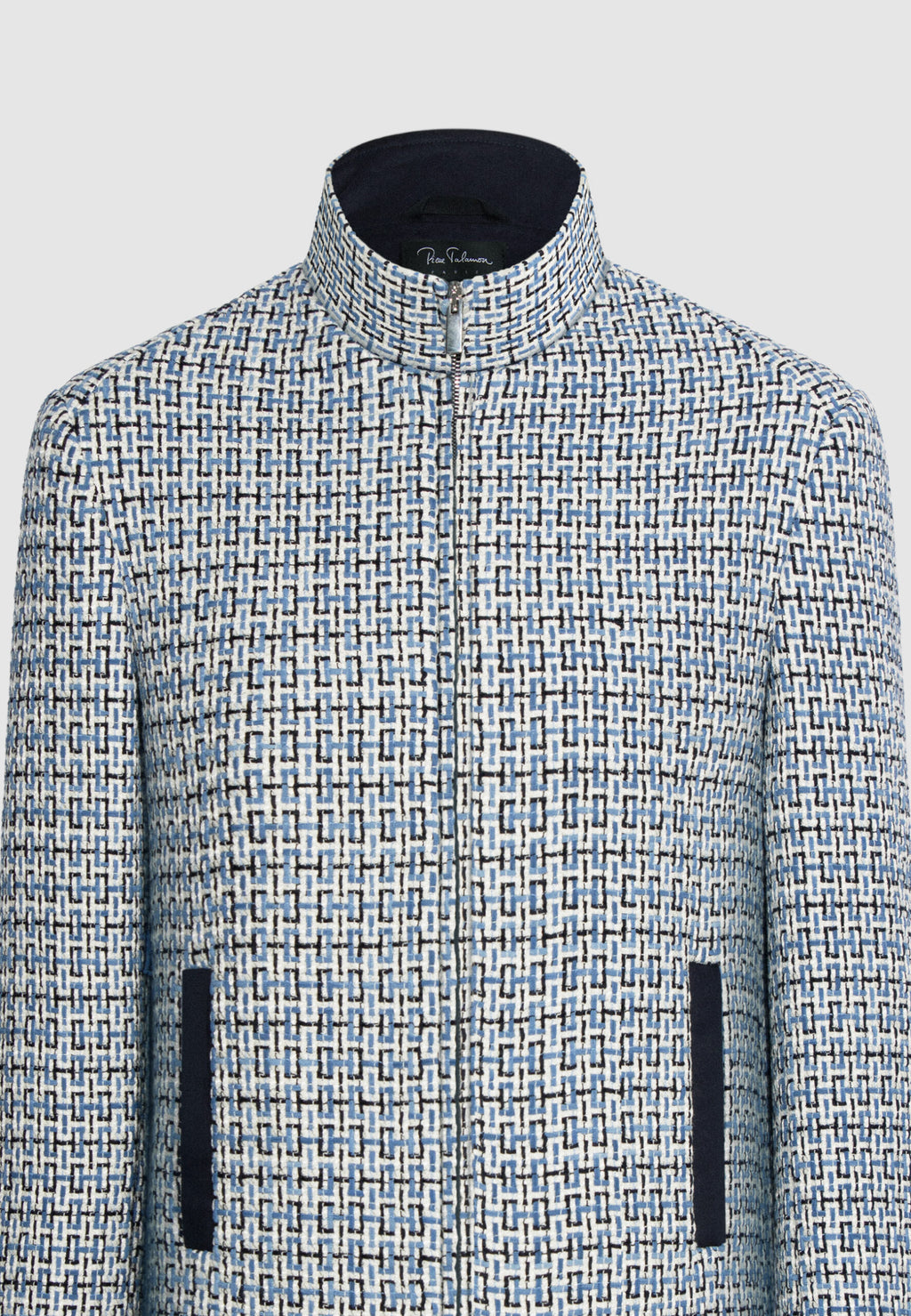 blouson homme col montant motif tissé bleu noir blanc