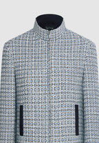 blouson homme col montant motif tissé bleu noir blanc