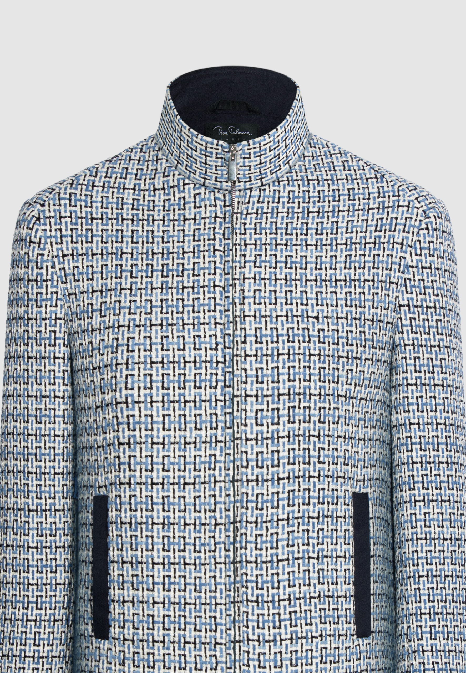blouson homme col montant motif tissé bleu noir blanc