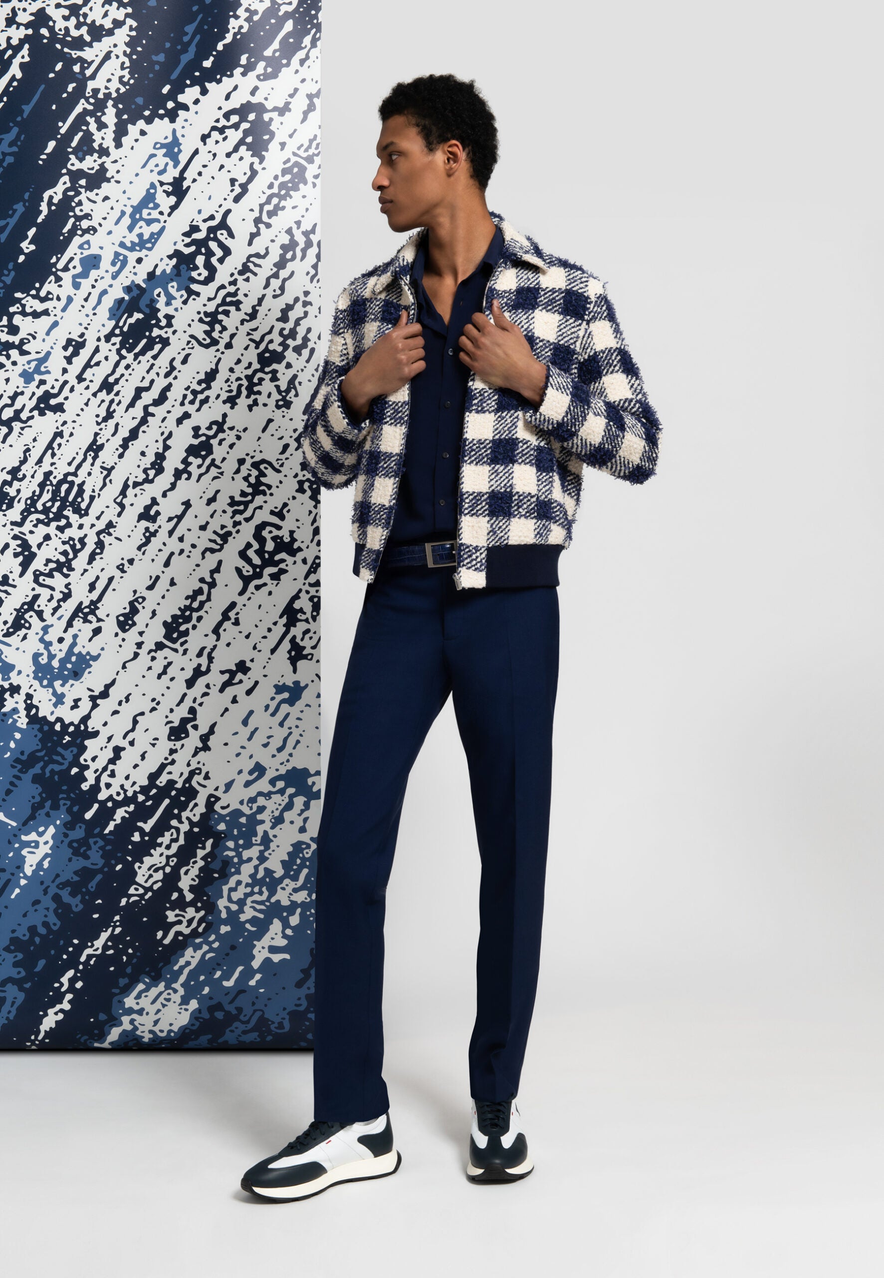 blouson homme a carreaux texturé pantalon bleu marine