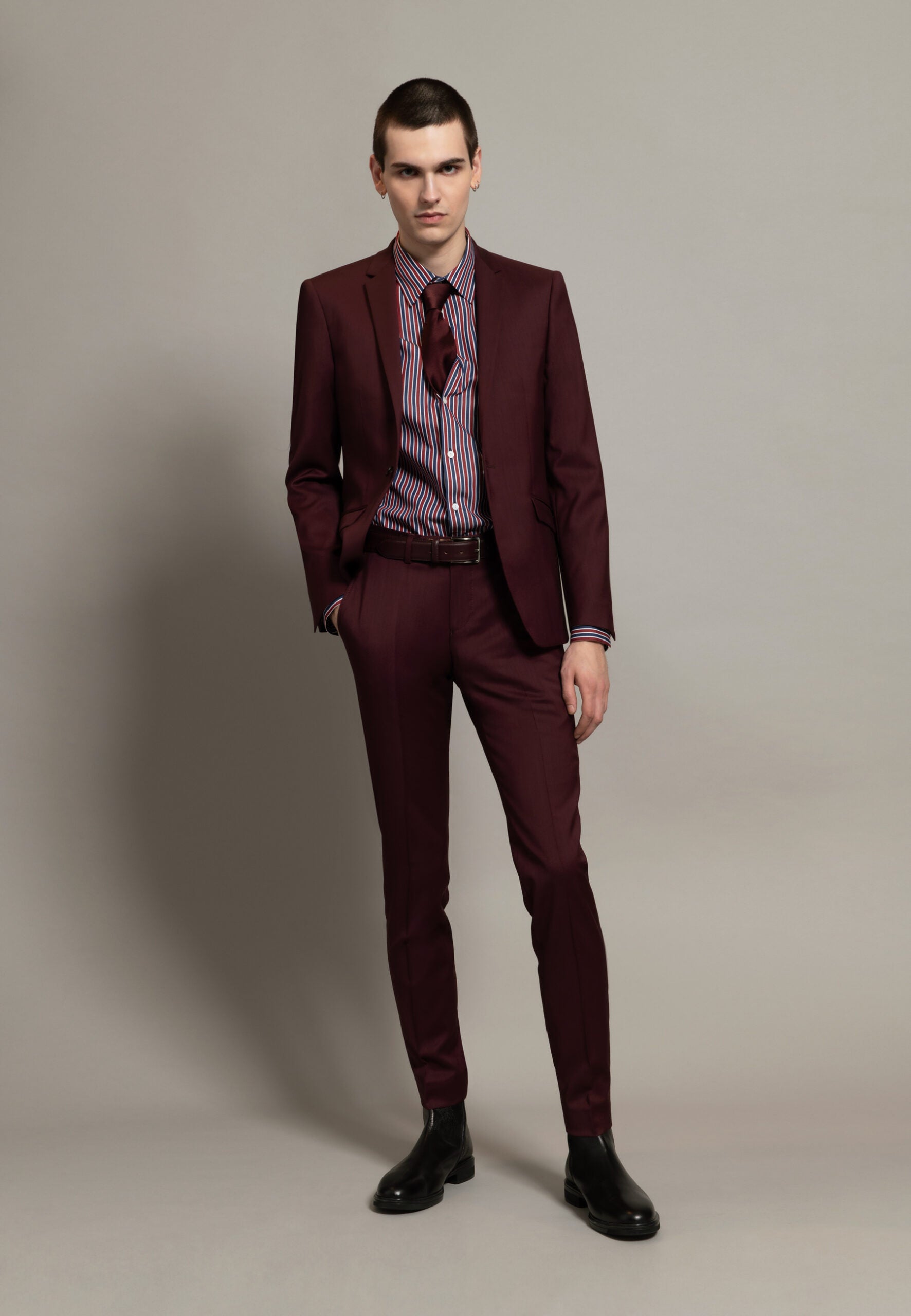 costume homme bordeaux laine chemise coton rayures