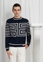 pull homme bleu graphique rayures blanches