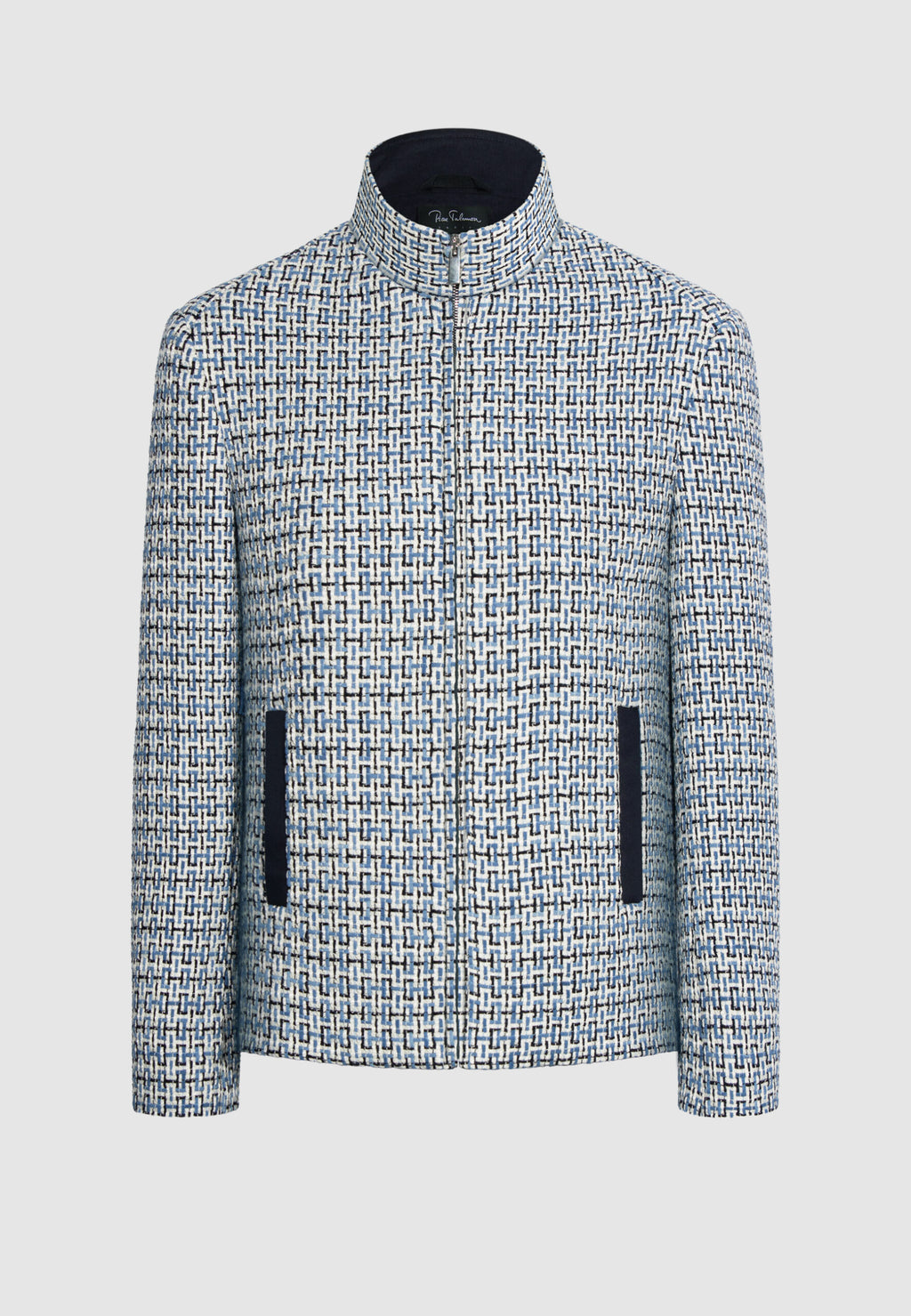 blouson homme col montant motif tissé bleu noir blanc