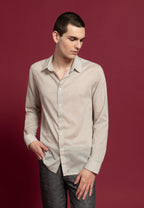 look homme chemise coton beige fines rayures jean
