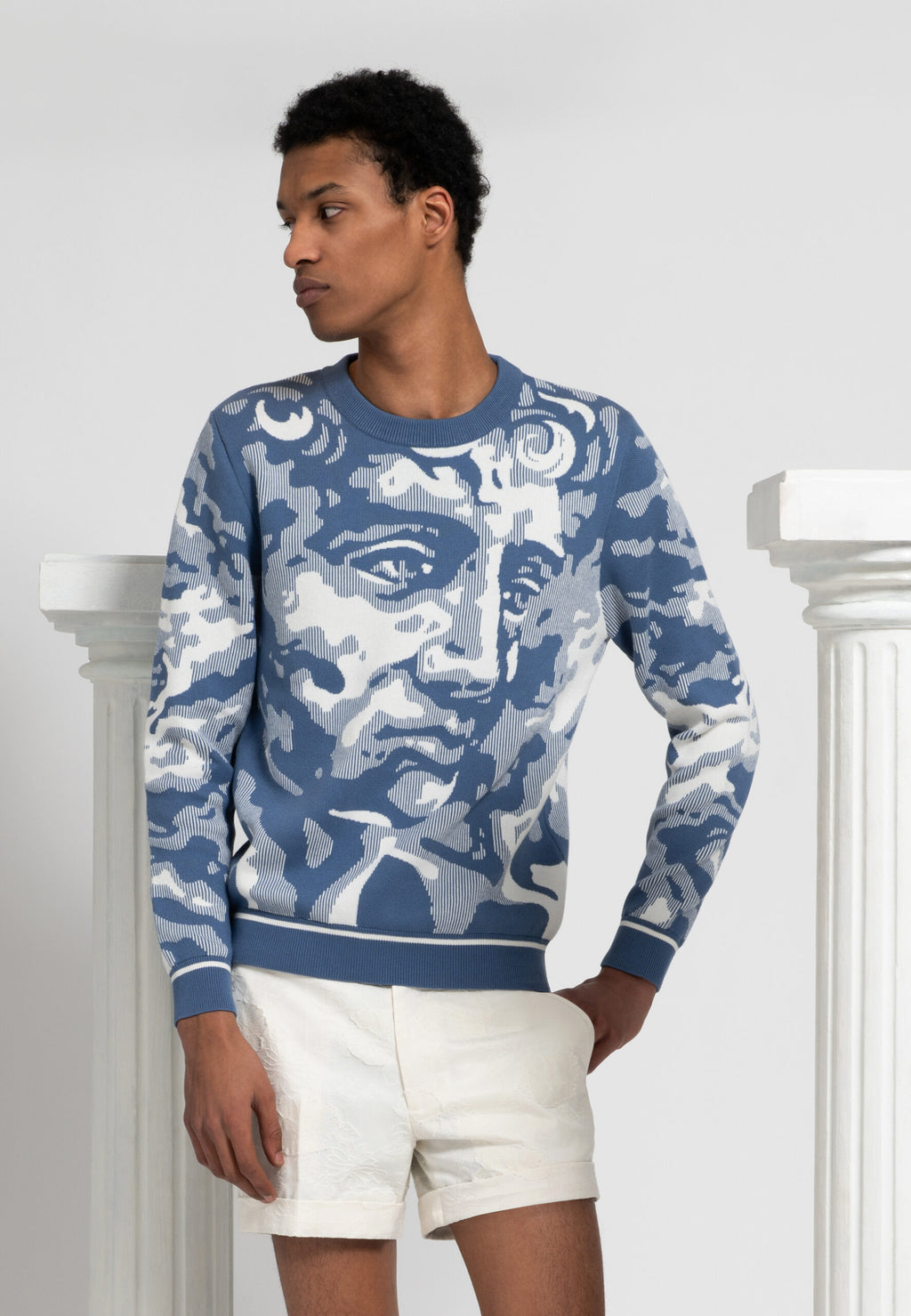 pull homme motif figuratif bleu et blanc coton
