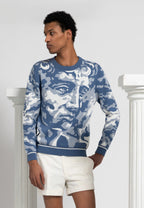 pull homme motif figuratif bleu et blanc coton