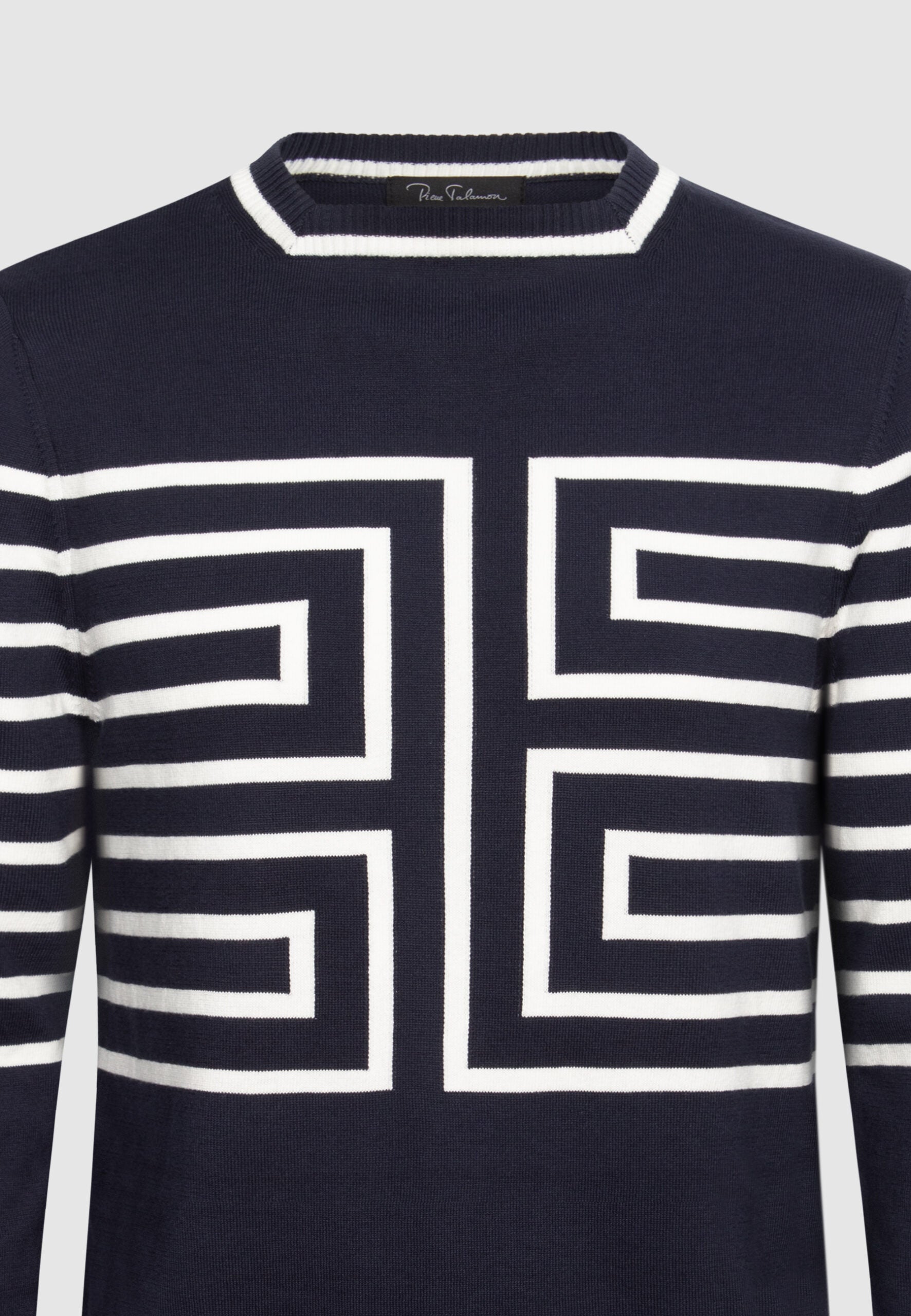 pull homme col droit bleu marine motif graphique
