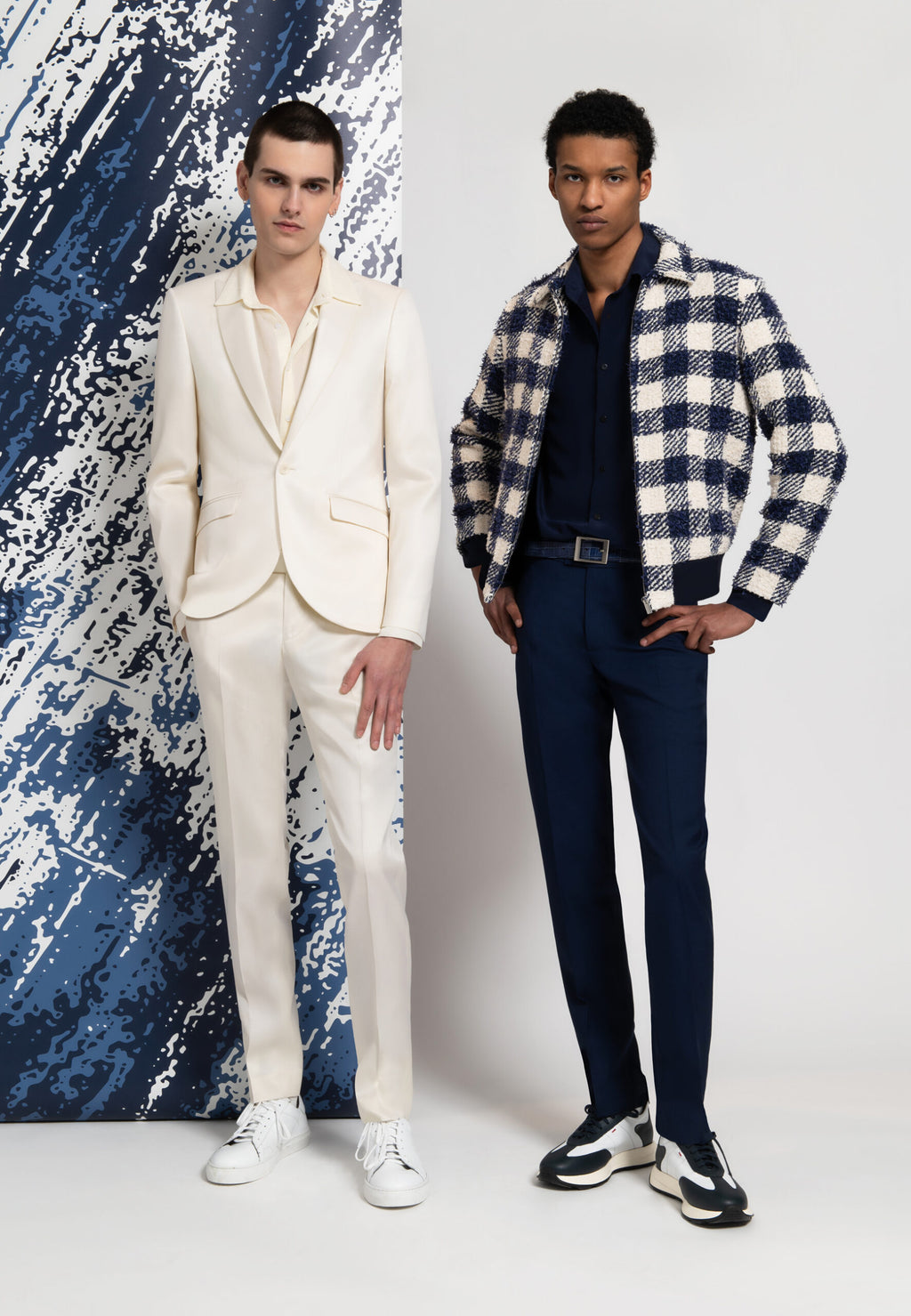 costume laine et soie couleur ivoire homme et blouson a carreaux texturé