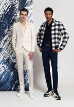 costume laine et soie couleur ivoire homme et blouson a carreaux texturé