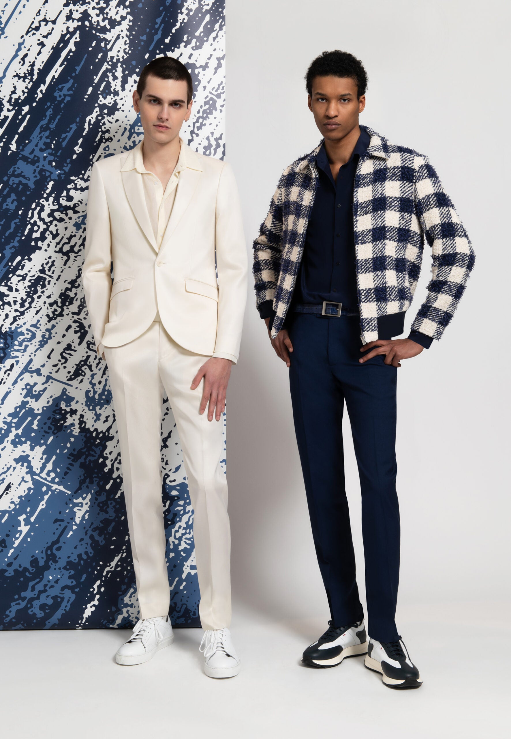 costume laine et soie couleur ivoire homme et blouson a carreaux texturé
