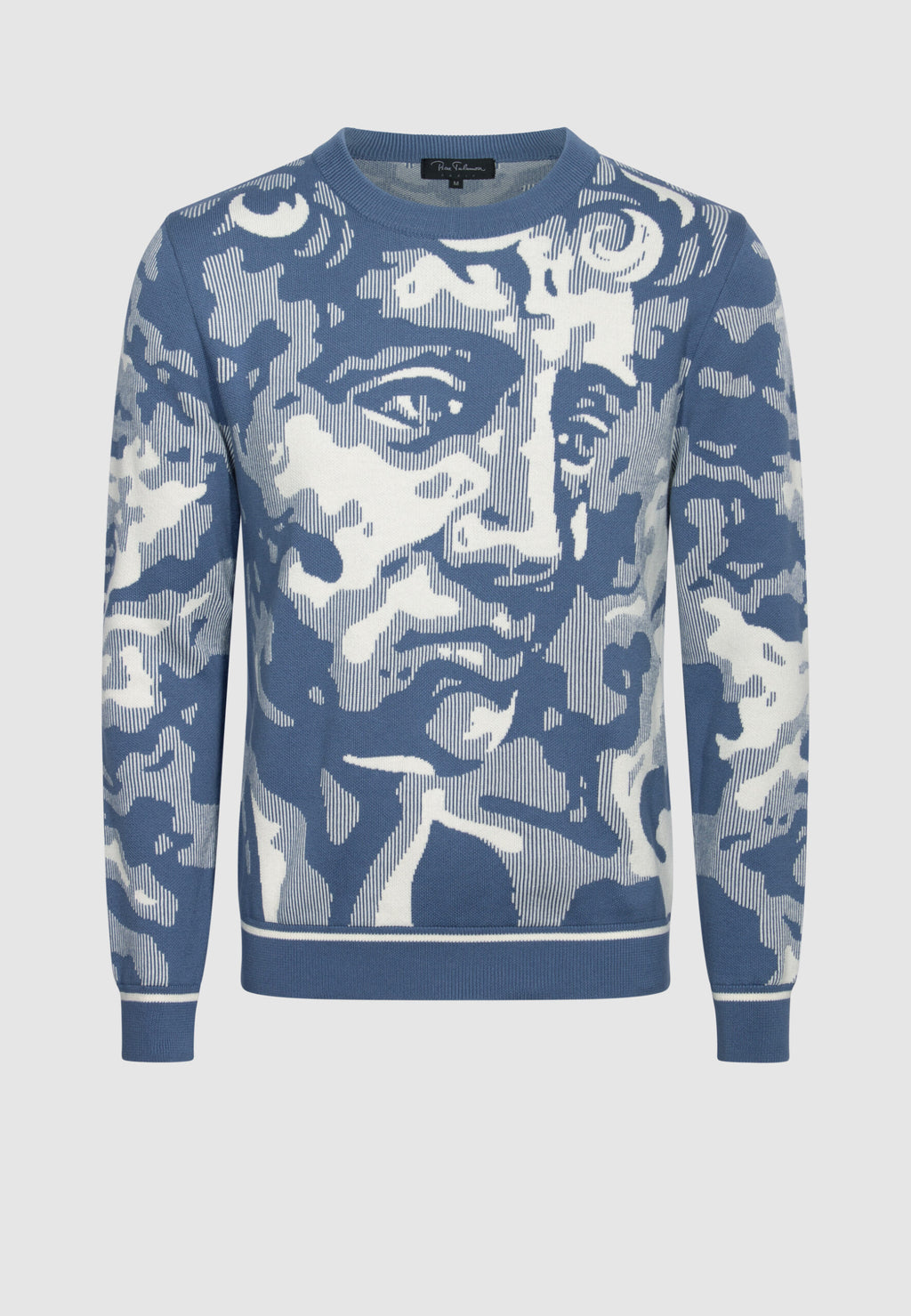 pull homme coton motif figuratif visage bleu et blanc