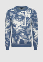 pull homme coton motif figuratif visage bleu et blanc