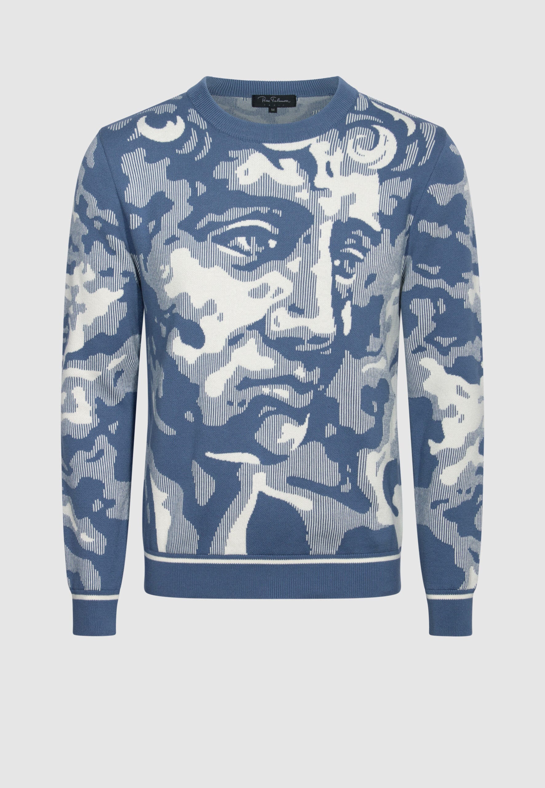 pull homme coton motif figuratif visage bleu et blanc