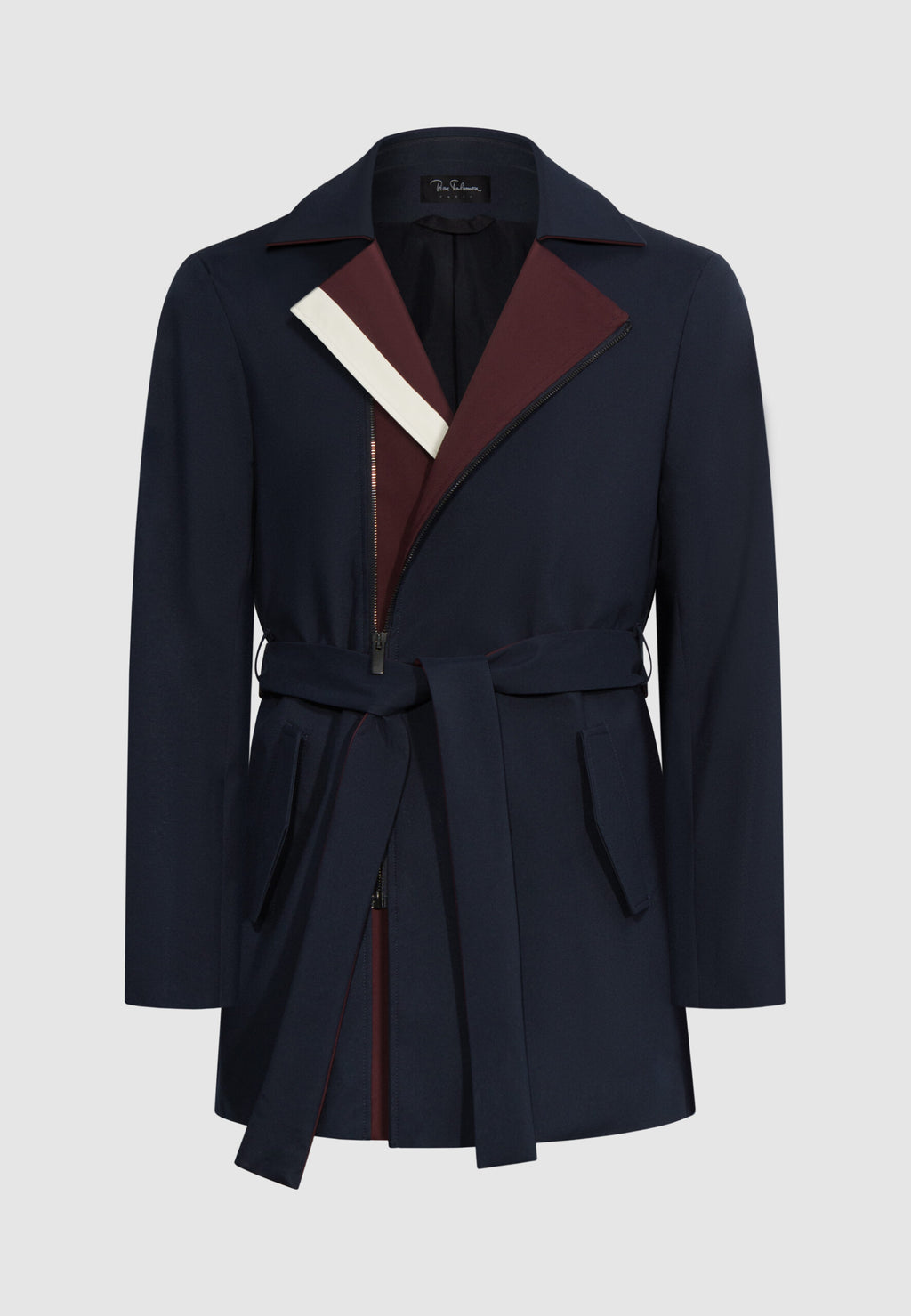 trench homme court bleu bordeaux et bande blanche incrusté