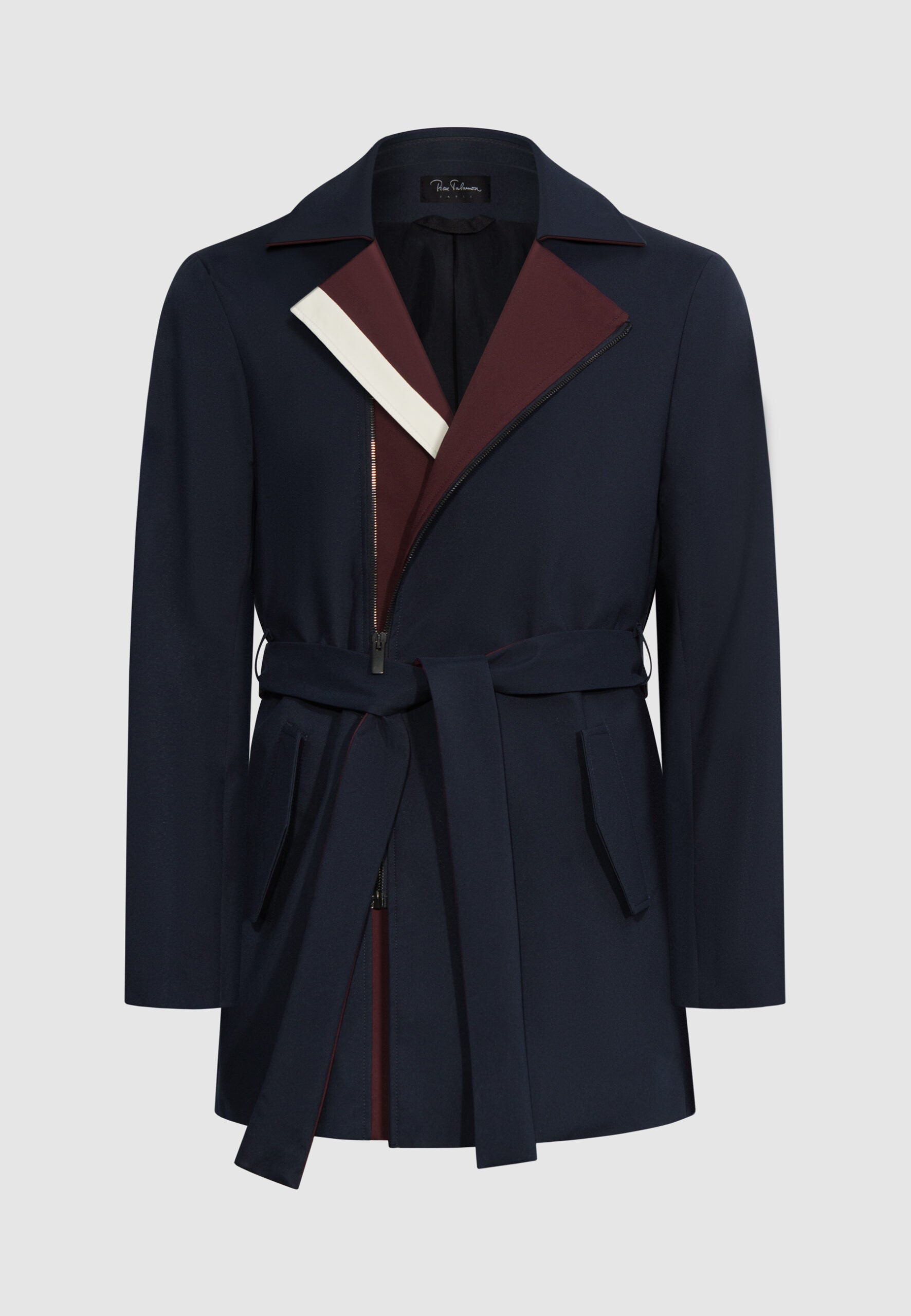 trench homme court bleu bordeaux et bande blanche incrusté