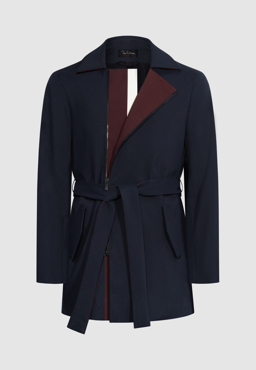 trench homme court bleu bordeaux et bande blanche incrusté