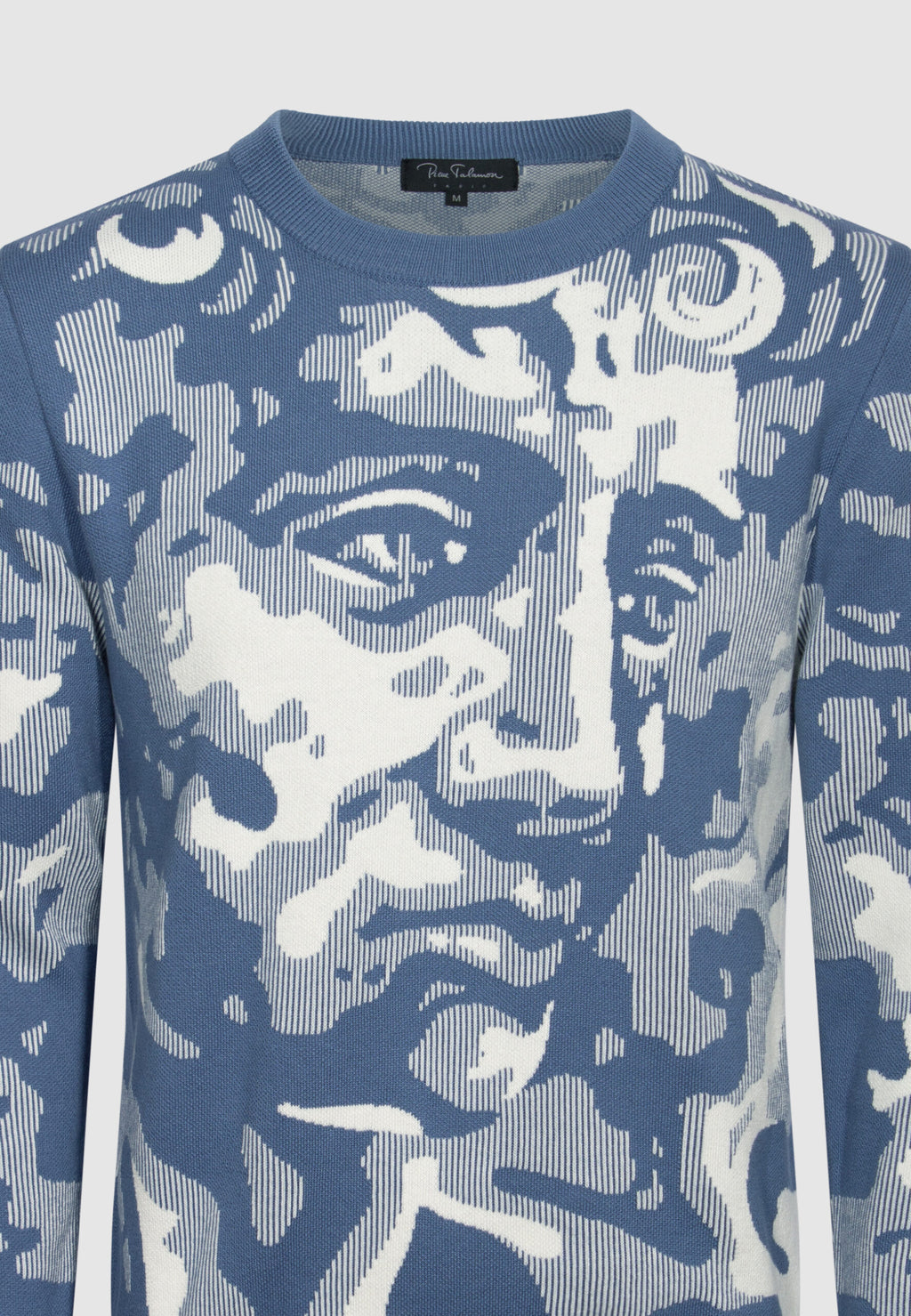 pull homme coton motif figuratif visage bleu et blanc