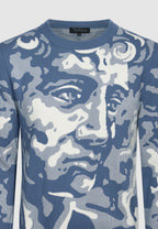 pull homme coton motif figuratif visage bleu et blanc