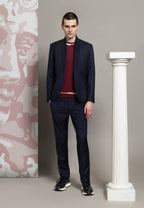 veste homme bleu marine col rib et tee shirt bordeaux rayures banches