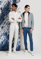 duo look homme ensemble blanc blouson bleu et blanc pantalon bleu