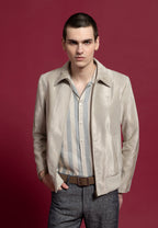 look homme blouson beige chemise rayures gris beige