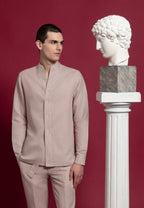 look homme chemise lin rose col montant pantalon droit lin rose