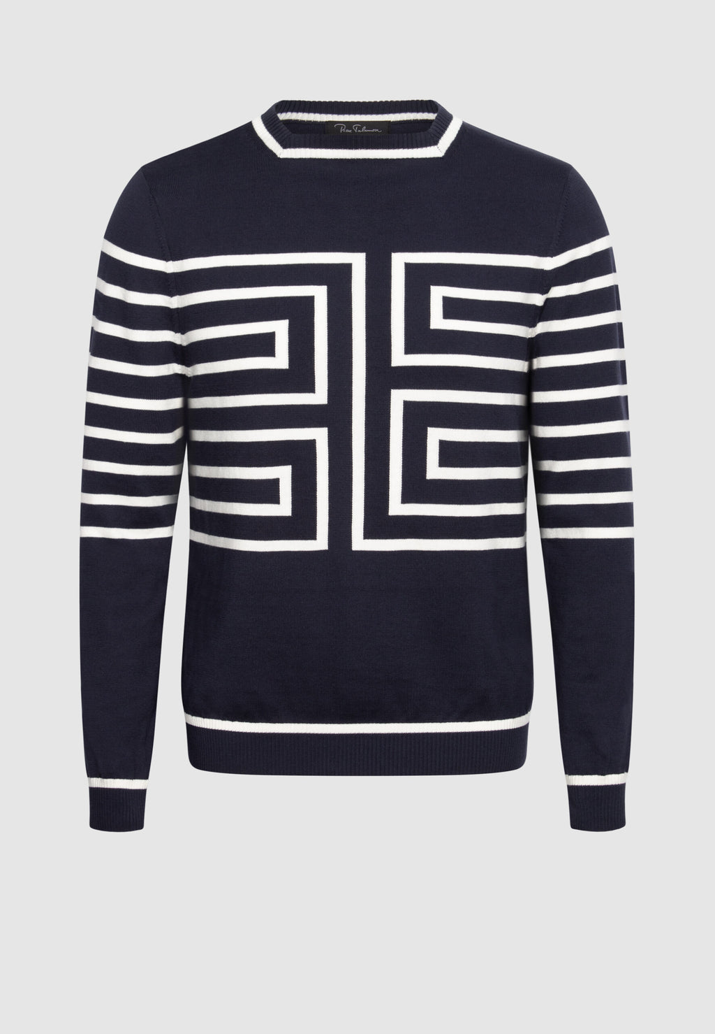 pull homme col droit bleu marine motif graphique