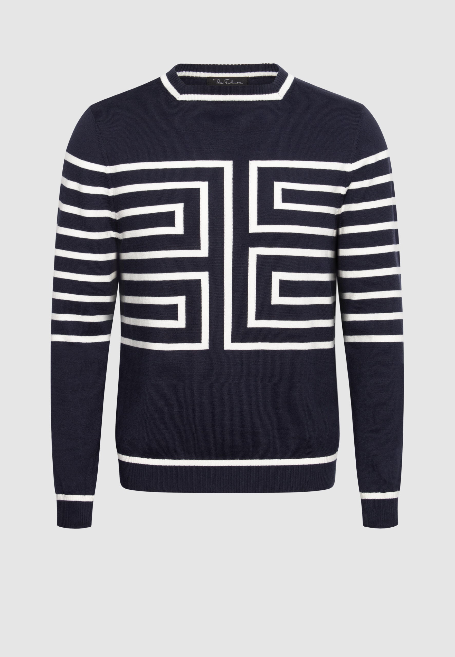 pull homme col droit bleu marine motif graphique