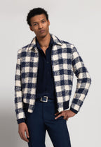 look homme blouson col chemise carreaux bleu blanc