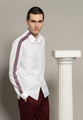 look homme chemise coton blanche rayure manche pantalon coton bordeaux