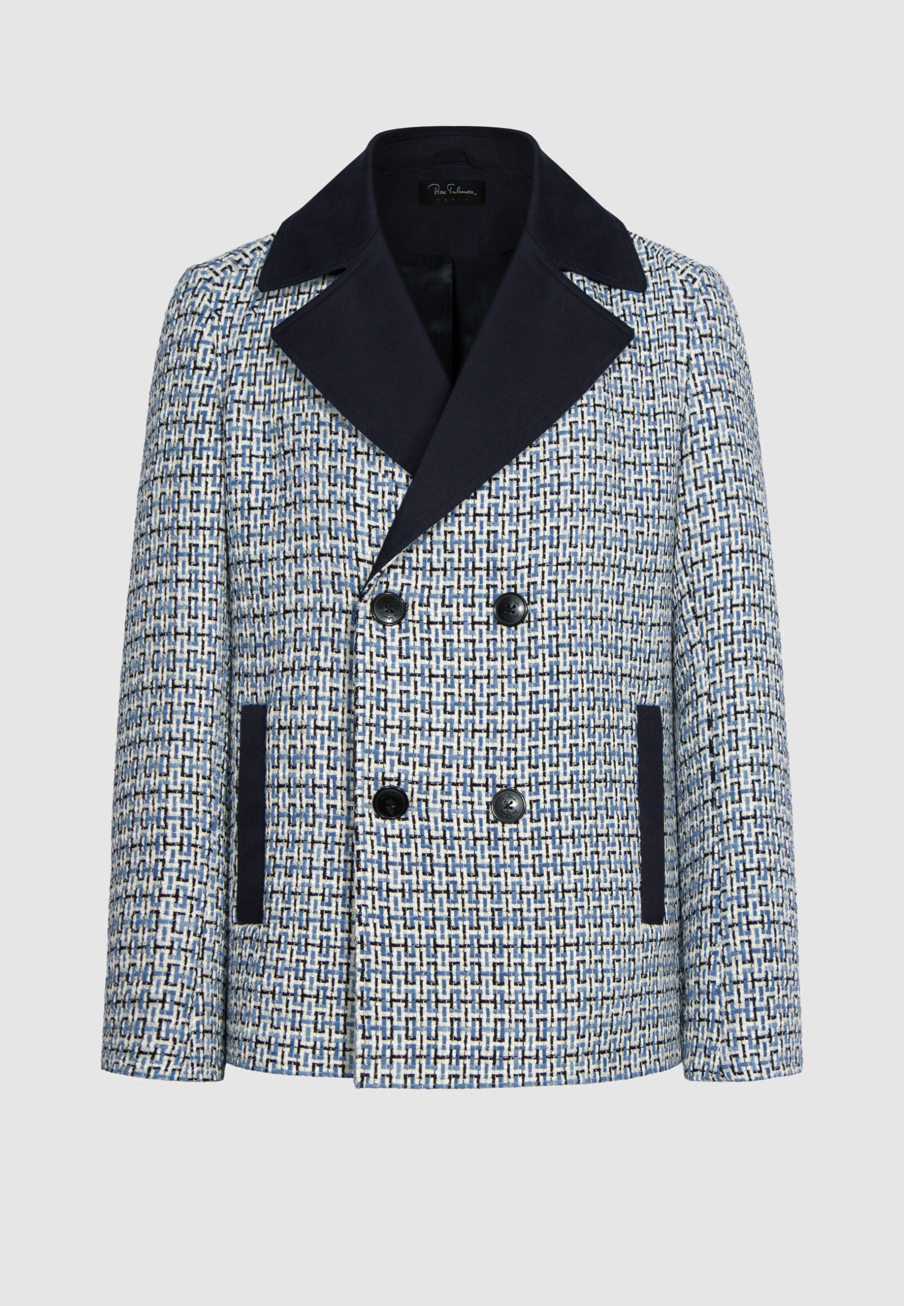 caban homme motif tissé bleu blanc noir