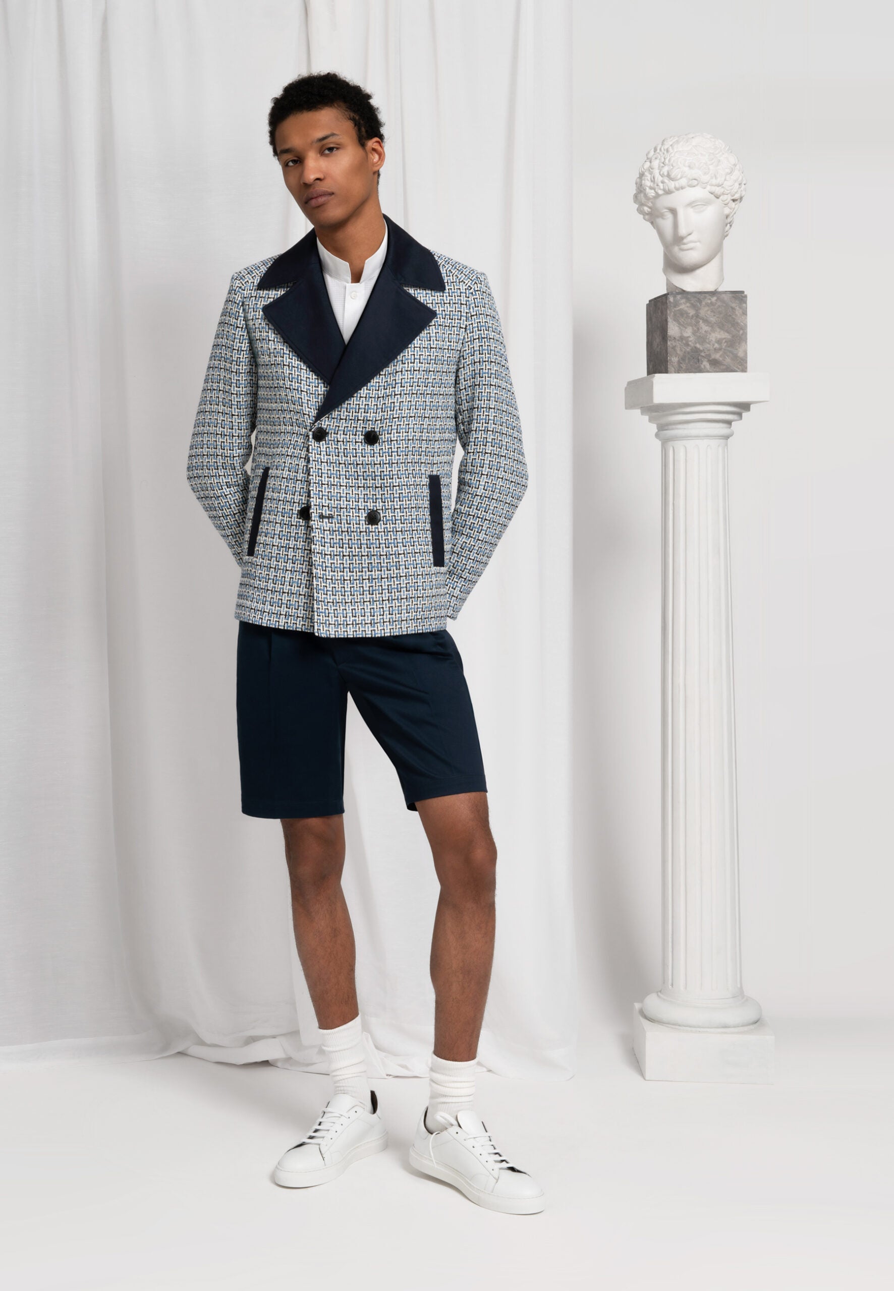 caban homme impression maille bleu et blanc
