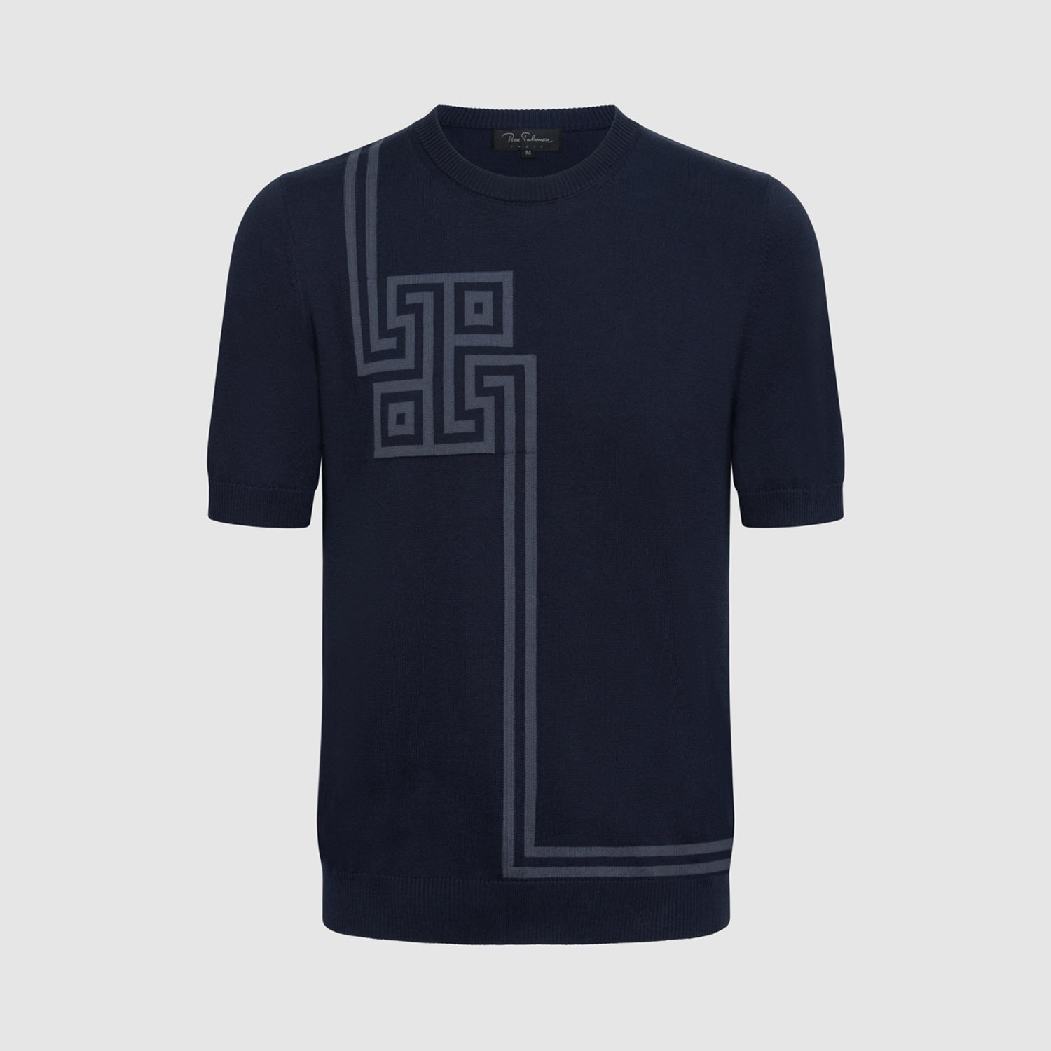 T-shirt en maille col rond bleu motif graphique gris
