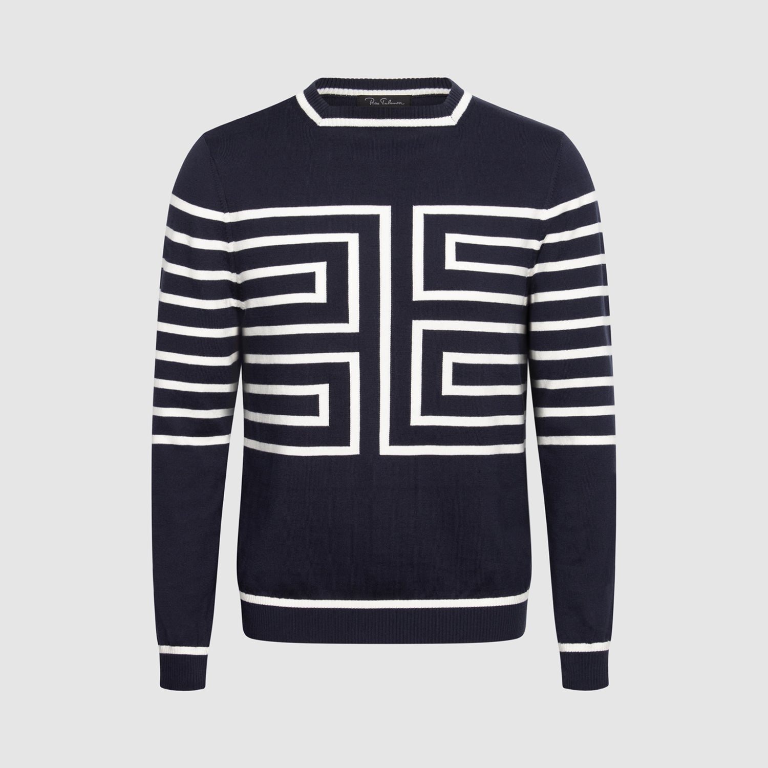 Pull homme coton motif graphique marine et blanc