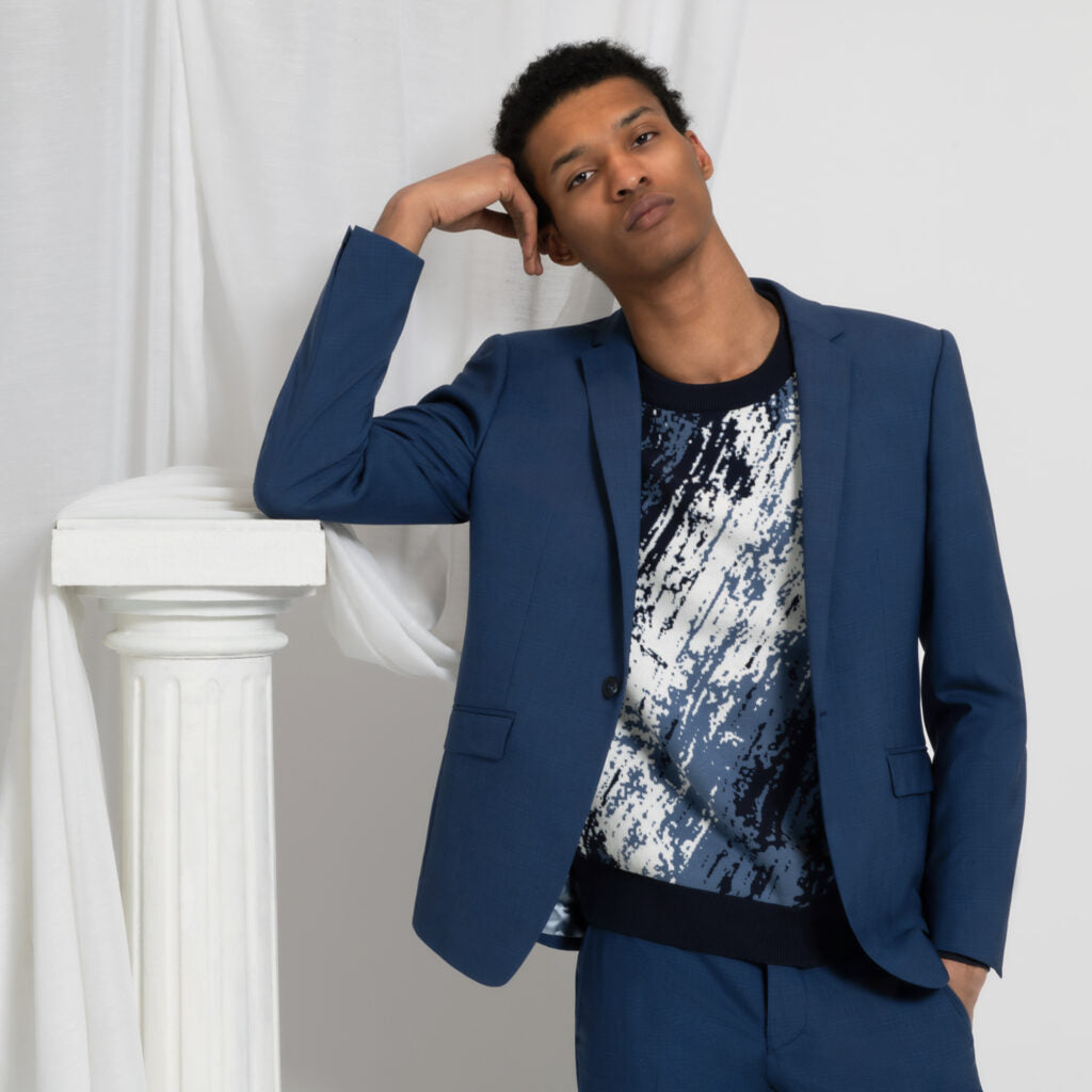 Costume homme bleu laine col tailleur ajuste